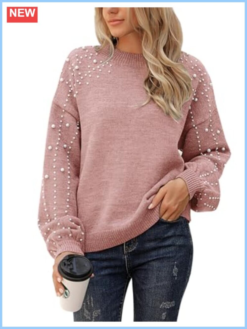 Oversized Chunky Knit Pullover Sweater Mock Neck Lantern Sleeve Acrylic
